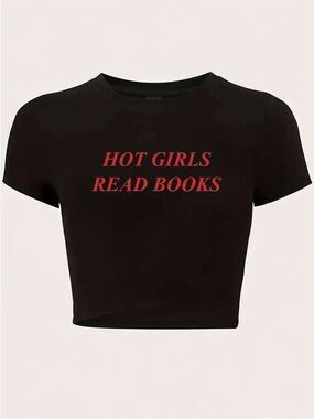 Black Crop baby Tee with Red 'Hot Girls Read Books' Slogan